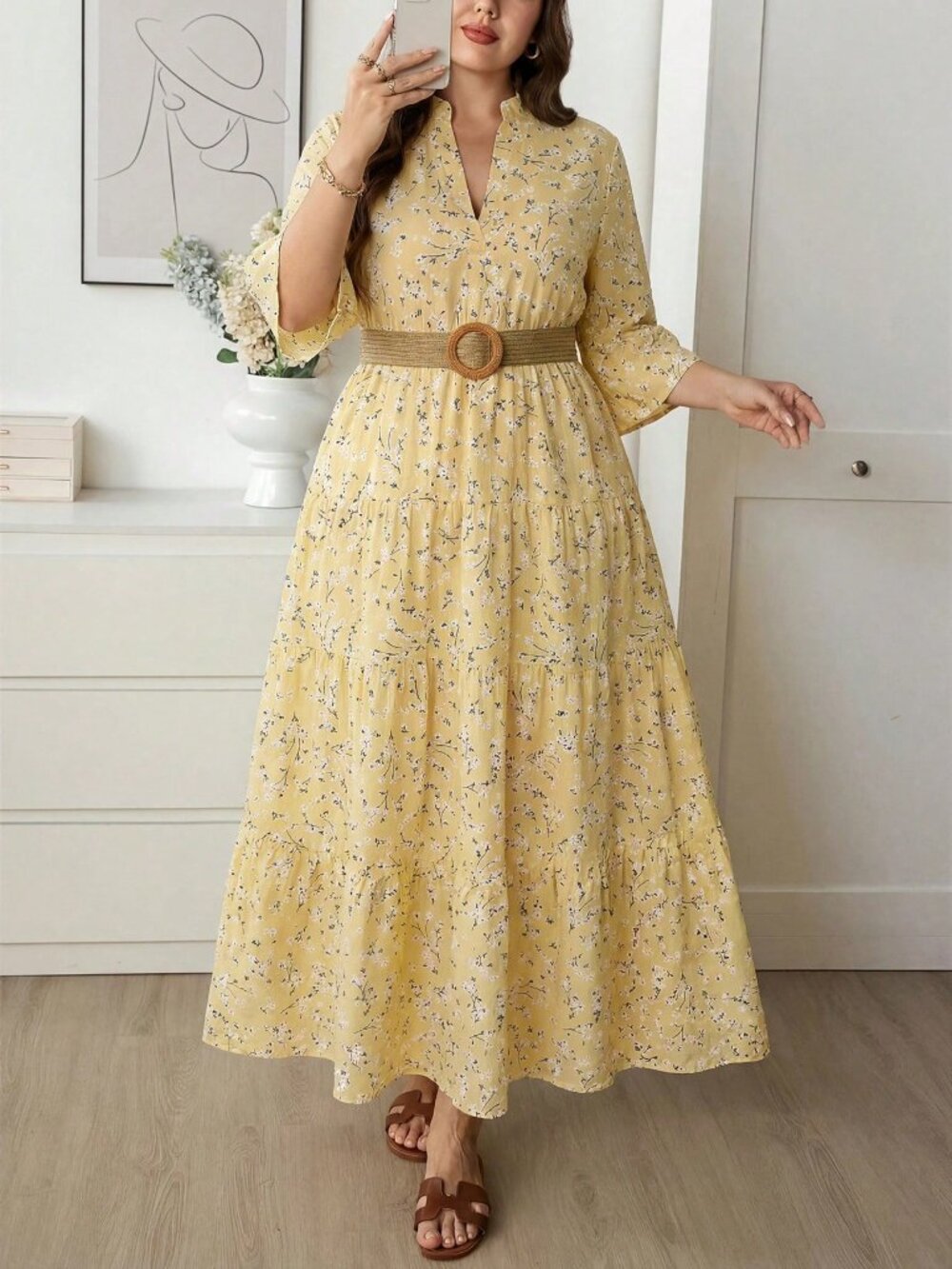 Yellow Boho Women's Ditsy Floral Sleeve Patchwork Tiered Maxi Dress - Picture 6 of 8